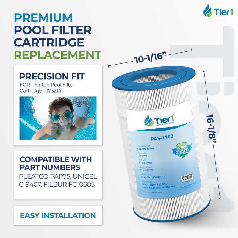 Tier1 Replacement for Pentair Pool Filter Cartridge R173214 â€“ 2 Pack | Compatible with Pleatco PAP75, Unicel C-9407, Filbur FC-0685 | 16-1/8" x 10-1/16" | Trilobal Fabric | Washable Cartridge - Image 2